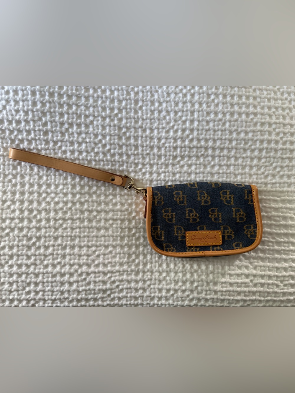 Dooney & Bourke Navy Monogram Wristlet with Tan Trim - Picture 2 of 5